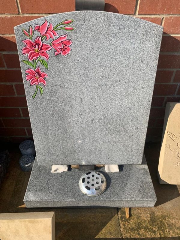 Flowers on Polished Light Grey Granite Memorial
