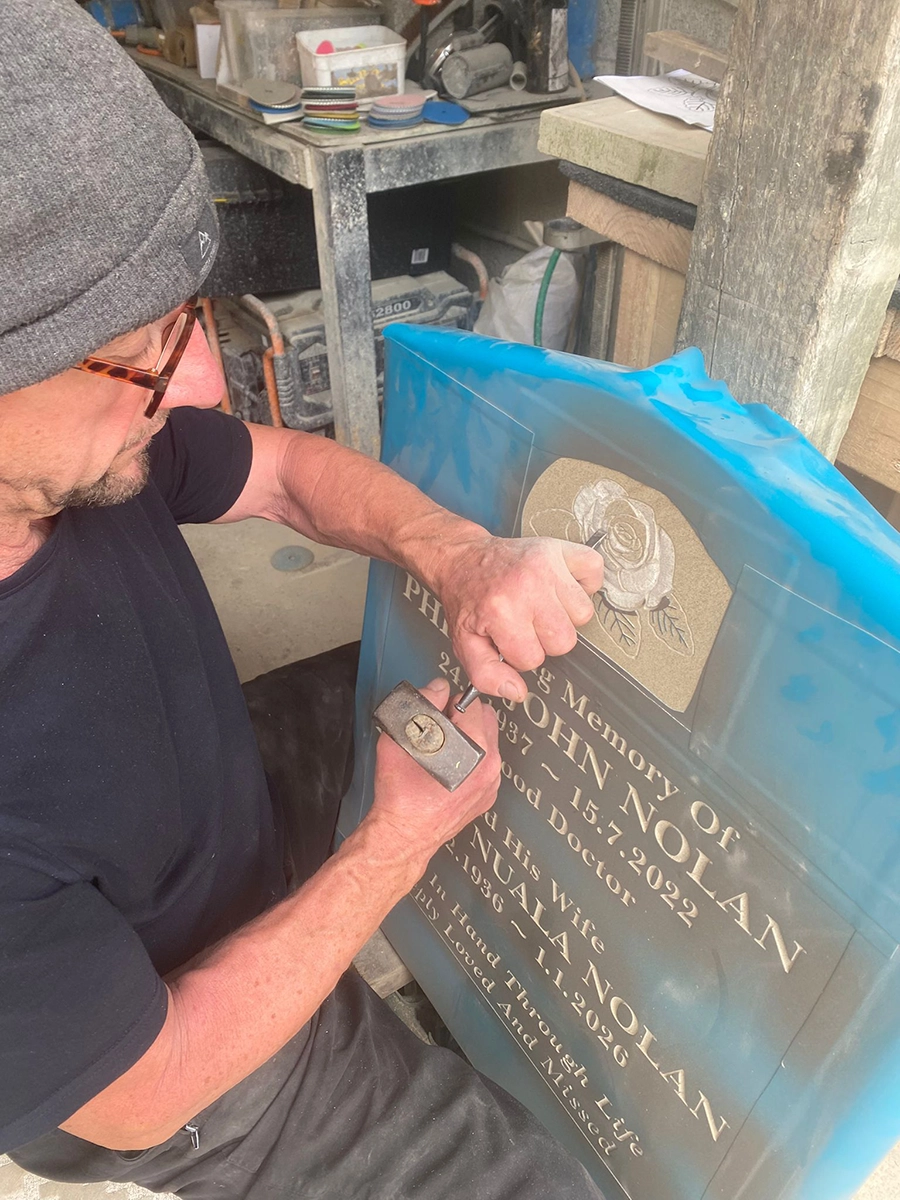 Photo of Chris Holland Carving Headstone